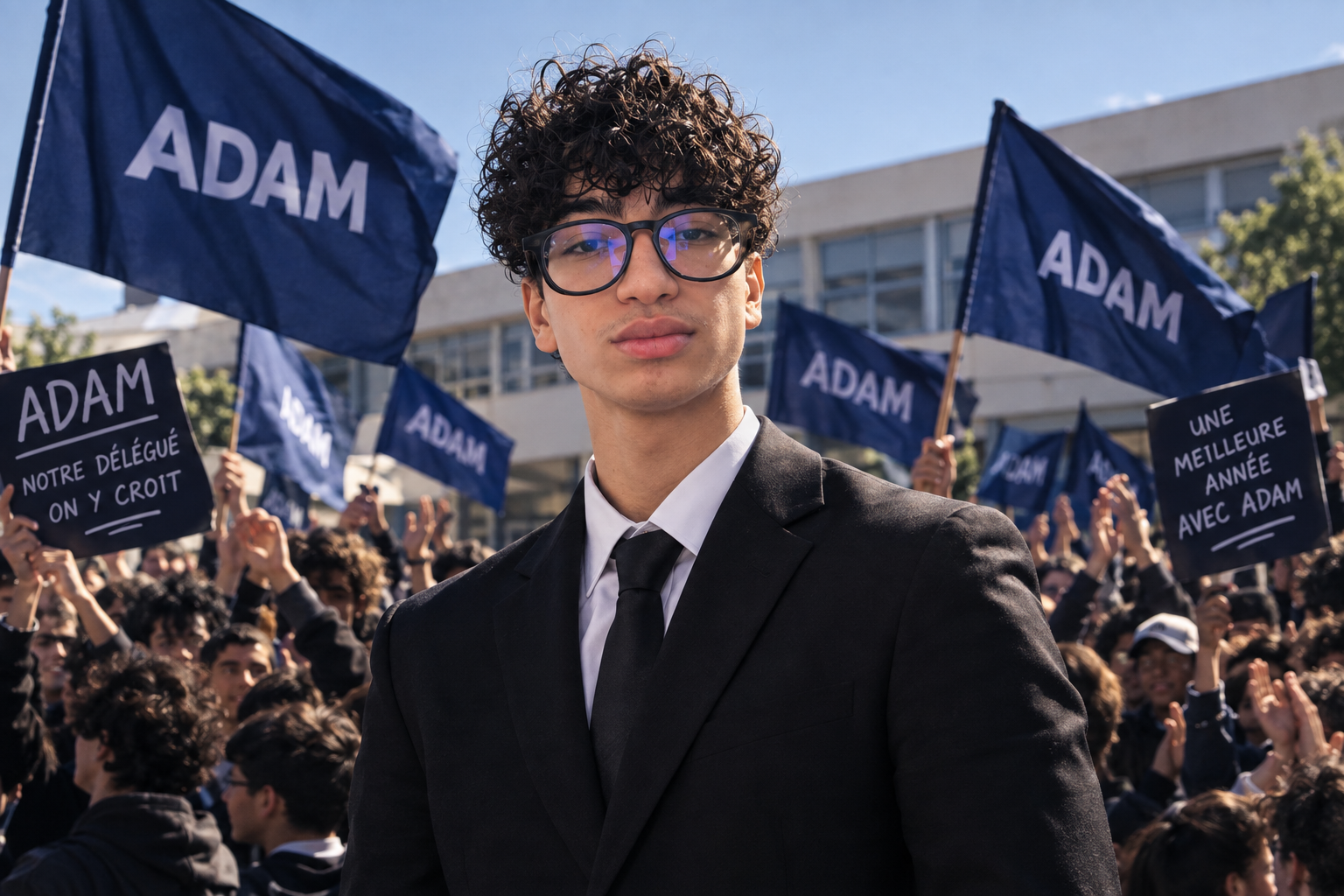 Adam en costume devant une foule