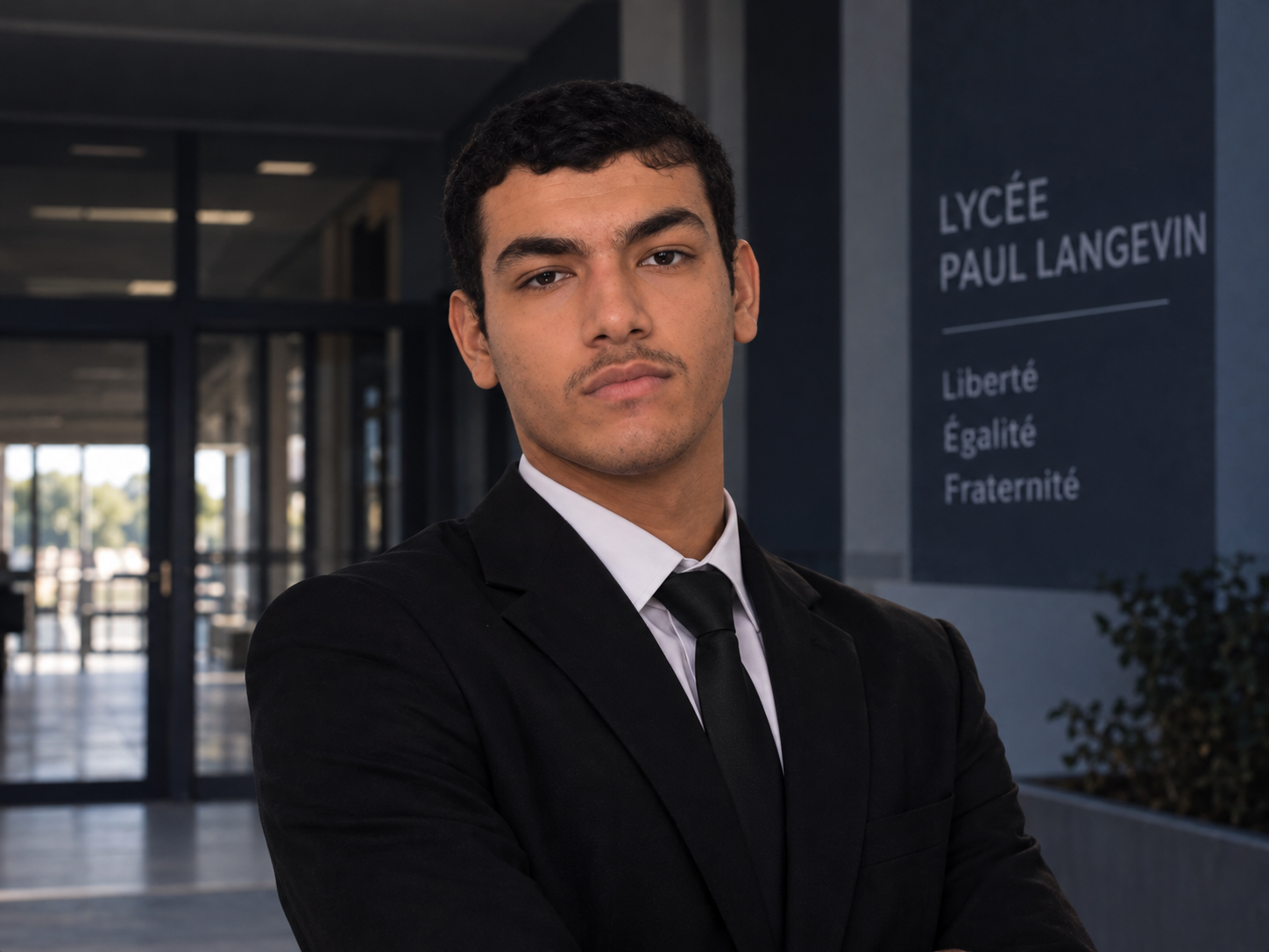 Adem en costume dans le lycée